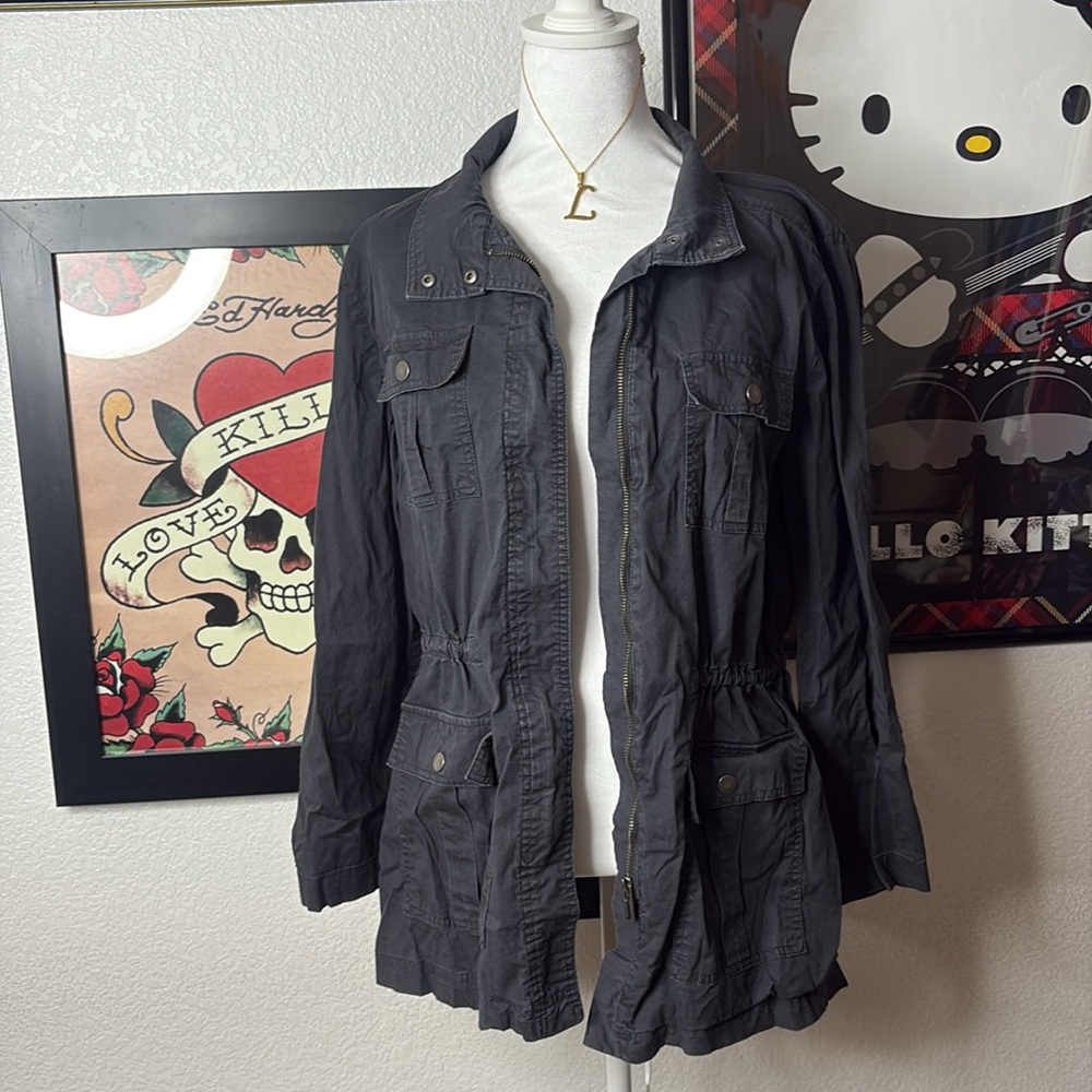 Jones New York Grey Utility Cargo Jacket Military Grunge Y2K